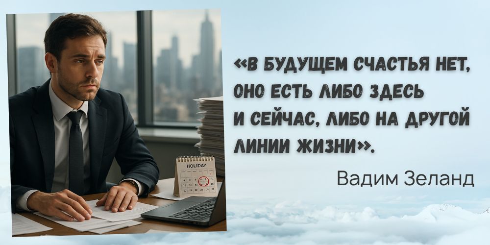 В будущем счастья нет "В будущем счастья нет, оно есть либо здесь и сейчас, либо на другой линии жизни". Вадим Зеланд
