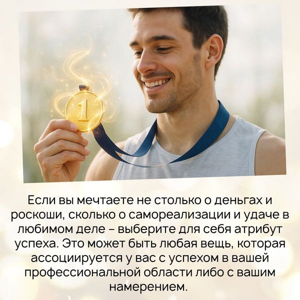 Атрибут успеха Если вы мечтаете не столько о деньгах и роскоши, сколько о самореализации и удаче в любимом деле – выберите для себя атрибут успеха. Это может быть любая вещь, которая ассоциируется у вас с успехом в вашей профессиональной области либо с вашим намерением.