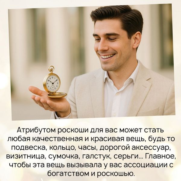 Атрибут роскоши Атрибутом роскоши для вас может стать любая качественная и красивая вещь, будь то подвеска, кольцо, часы, дорогой аксессуар, визитница, сумочка, галстук, серьги… Главное, чтобы эта вещь вызывала у вас ассоциации с богатством и роскошью.