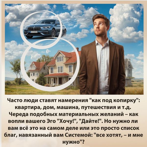  Часто люди ставят намерения "как под копирку": квартира, дом, машина, путешествия и т.д. Череда подобных материальных желаний – как вопли вашего Эго "Хочу!", "Дайте!"