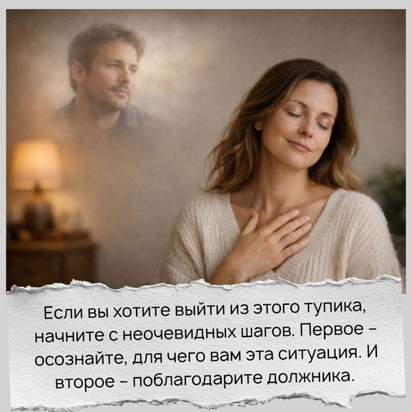 Если вы хотите выйти из этого тупика, начните с неочевидных шагов. Первое – осознайте, для чего вам эта ситуация. И второе – поблагодарите этого должника. 