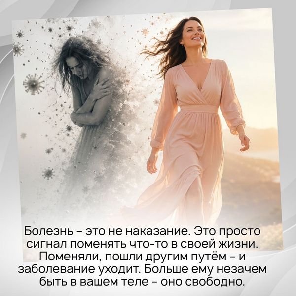 Болезнь – это не наказание. Это просто сигнал поменять что-то в своей жизни. Поменяли, пошли другим путём – и заболевание уходит. Больше ему незачем быть в вашем теле – оно свободно.