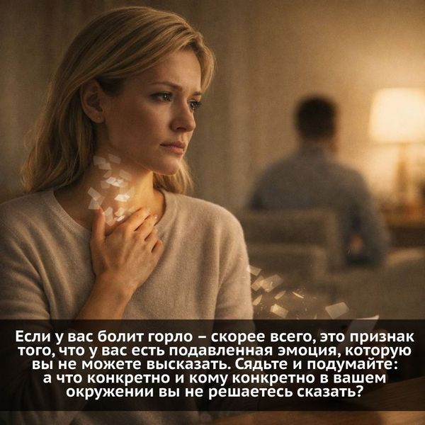 Если у вас болит горло – скорее всего, это признак того, что у вас есть подавленная эмоция, которую вы не можете высказать. Сядьте и подумайте: а что конкретно и кому конкретно в вашем окружении вы не решаетесь сказать?