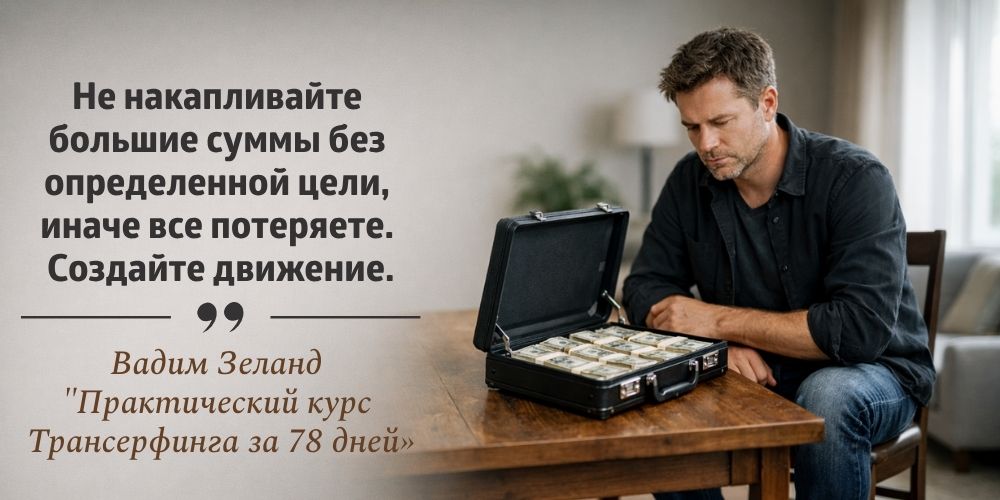 Не накапливайте большие суммы без определенной цели, иначе все потеряете. Создайте движение. (Вадим Зеланд "Практический курс Трансерфинга за 78 дней»)