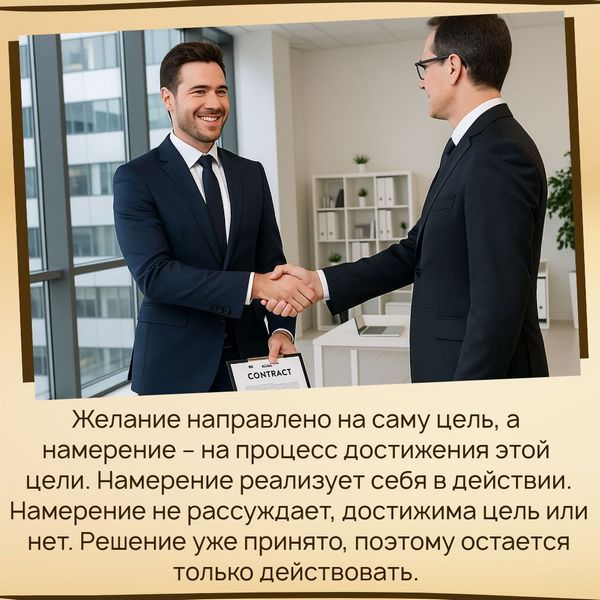 Решимость действовать  О Трансерфинге Цели. Намерение. Слайды. Деньги.Финансовое благополучие. Любовь. Отношения. Важность. Избыточный потенциал Предназначение Пространство вариантов Стереотипы Дуальное зеркало Осознанность. Управление вниманием Маятники. Эгрегоры Душа. Разум. Гармония. Фрейлинг. Фрейле. Здоровье.Энергетика.Тело. Живое питание Тафти Итфат Словарь терминов Избранное Сила намерения. Как желаемое сделать действительным? Вы можете ждать, когда у вас появятся деньги и время, а можете прямо сегодня найти способ и сделать один маленький шаг к линии жизни, где вы счастливы! Ваши действия или ваше бездействие – это индикатор вашего намерения и вашей готовности получить желаемое. Поверьте, всегда будут находиться объективные причины, почему вы не можете открыть свою компанию, написать книгу, похудеть или создать семью. Выбор, как всегда, за вами –продолжать откладывать свою жизнь на потом или начать жить сейчас! «Чётко сформулированное намерение – это залог того, что Вы попадёте куда нужно, иначе есть риск забрести далеко от своей цели». (Татьяна Самарина) Все хотят быть счастливыми, но, согласитесь, трудно достичь этого состояния, просто лежа на диване. В этой статье мы расскажем о том, как обратить силу намерения в Трансерфинге себе во благо, и как с ее помощью получить то, что хочется! Как сделать желаемое действительным? Совет №1. Работайте с намерением, а не с желанием В Трансерфинге разница между вашим желанием и намерением показана достаточно чётко. Вы говорите себе, что хотите поднять руку, однако пока не делаете этого. А потом берёте и поднимаете руку. Желание трансформировалось в действие. Вы не размышляете о том, как будете поднимать руку, а делаете это. Работают не сами мысли о желаемом, а нечто другое – то, что трудно описать словами. Эта некая сила стоит за кулисами сцены, на которой разворачивается игра мыслей. Намерение – это решимость иметь и действовать. Сами по себе мысли ничего не значат в процессе настройки на сектор пространства вариантов. Мысли – это лишь пена на гребне волны намерения. Реализуется не желание, а намерение. Намерение что-либо сделать своими силами – это внутреннее намерение.Работа внешнего намерения направлена на выбор линии жизни в пространстве вариантов. Желание направлено на саму цель, а намерение – на процесс достижения этой цели. Намерение реализует себя в действии. Намерение не рассуждает, достижима цель или нет. Решение уже принято, поэтому остается только действовать.