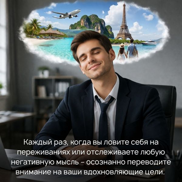 Каждый раз, когда вы ловите себя на переживаниях или отслеживаете любую негативную мысль – осознанно переводите внимание на ваши вдохновляющие цели. 