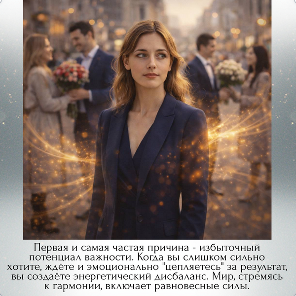 Первая и самая частая причина - избыточный потенциал важности. Когда вы слишком сильно хотите, ждёте и эмоционально "цепляетесь" за результат, вы создаёте энергетический дисбаланс. Мир, стремясь к гармонии, включает равновесные силы. 