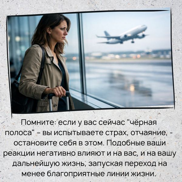 Поэтому помните: если у вас сейчас "чёрная полоса" – происходит что-то на ваш взгляд негативное, вы мучаетесь, возможно, понимаете, что изменить уже ничего нельзя, и испытываете страх, отчаяние, - остановите себя в этом.