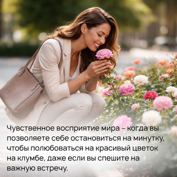 Чувственное восприятие мира – когда вы позволяете себе остановиться на минутку, чтобы полюбоваться на красивый цветок на клумбе, даже если вы спешите на важную встречу, или наклоняетесь к кусту шиповника, чтобы вдохнуть его аромат