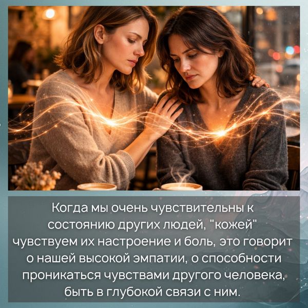 Когда мы очень чувствительны к состоянию других людей, "кожей" чувствуем их настроение и боль, это говорит о нашей высокой эмпатии, о способности проникаться чувствами другого человека, быть в глубокой связи с ним. 