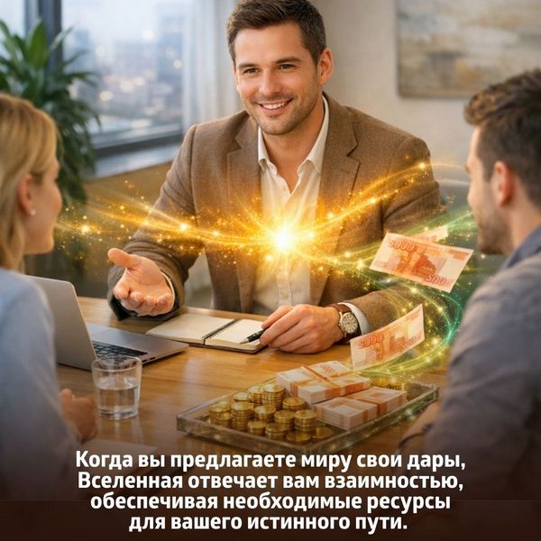 Когда вы предлагаете миру свои дары, Вселенная отвечает вам взаимностью, обеспечивая необходимые ресурсы для вашего истинного пути.