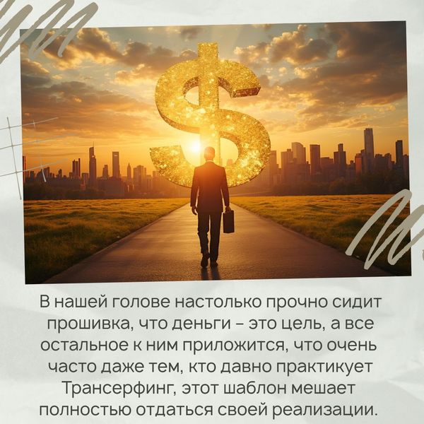 В нашей голове настолько прочно сидит прошивка, что деньги – это цель, а все остальное к ним приложится, что очень часто даже тем, кто давно практикует Трансерфинг, этот шаблон мешает полностью отдаться своей реализации.