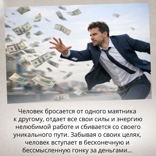 Человек бросается от одного маятника к другому, отдает все свои силы и энергию нелюбимой работе и сбивается со своего уникального пути. Забывая о своих целях, человек вступает в бесконечную и бессмысленную гонку за деньгами… 