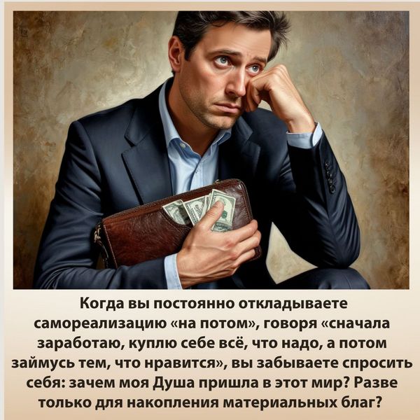 Когда вы постоянно откладываете самореализацию «на потом», говоря «сначала заработаю, куплю себе всё, что надо, а потом займусь тем, что нравится», вы забываете спросить себя: зачем моя Душа пришла в этот мир? 