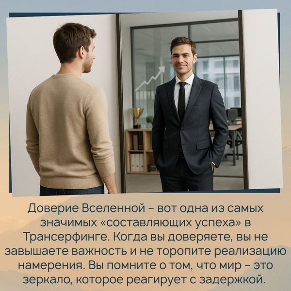 Доверие Вселенной – вот одна из самых значимых «составляющих успеха» в Трансерфинге. Когда вы доверяете, вы не завышаете важность и не торопите реализацию намерения. Вы помните о том, что мир – это зеркало, которое реагирует с задержкой. 