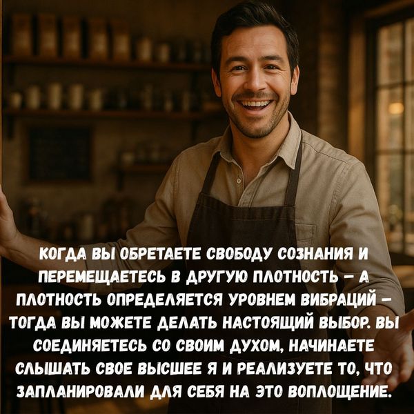 Когда вы обретаете свободу сознания и перемещаетесь в другую плотность – а плотность определяется уровнем вибраций – тогда вы можете делать настоящий выбор. Вы соединяетесь со своим Духом, начинаете слышать свое высшее Я и реализуете то, что запланировали для себя на это воплощение