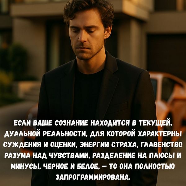 Если ваше сознание находится в текущей, дуальной реальности, для которой характерны суждения и оценки, энергии страха, главенство разума над чувствами, разделение на плюсы и минусы, черное и белое, – то она полностью запрограммирована.