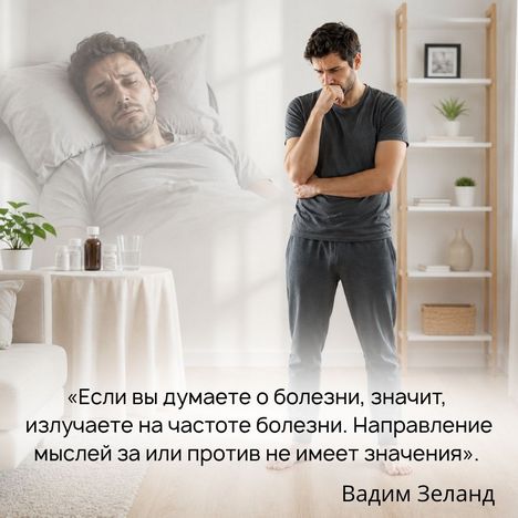 «Если вы думаете о болезни, значит, излучаете на частоте болезни. Направление мыслей за или против не имеет значения. Другими словами, если вы пытаетесь себя убедить, что не заболеете, то изначально допускаете такую возможность, и никакие уговоры не помогут». 