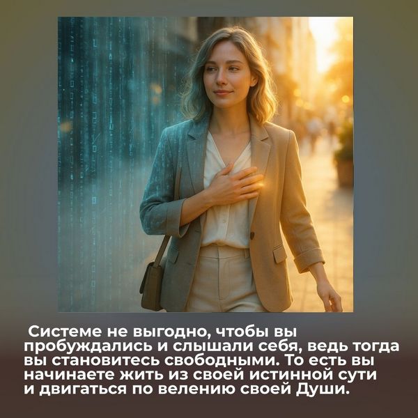 Системе не выгодно, чтобы вы пробуждались и слышали себя, ведь тогда вы становитесь свободными. То есть вы начинаете жить из своей истинной сути и двигаться по велению своей Души. 