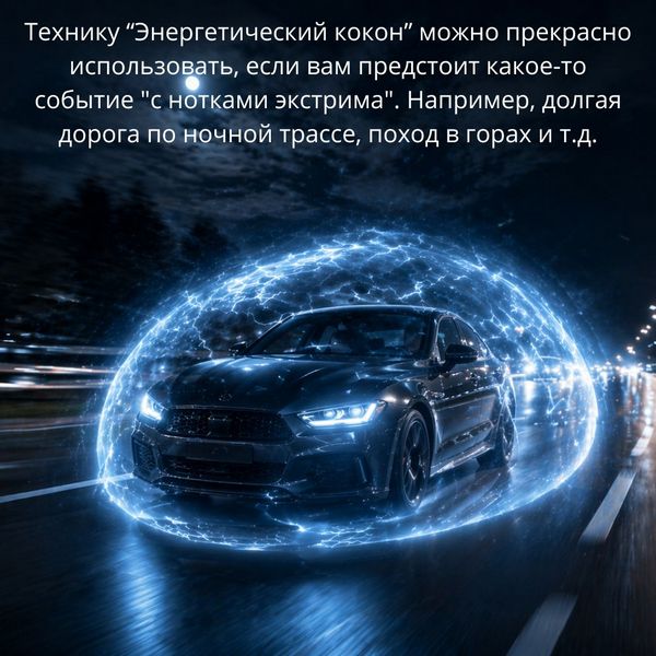 Эту же технику можно прекрасно использовать, если вам предстоит какое-то событие "с нотками экстрима". Например, долгая дорога по ночной трассе, поход в горах и т.д. В таком случае представляйте себя в коконе, перемещающимся целым и невредимым из одной точки в другую. 