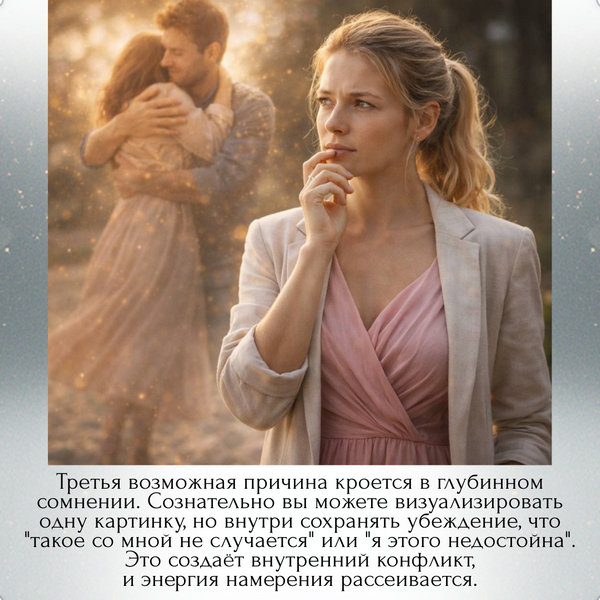 Третья возможная причина кроется в глубинном сомнении. Сознательно вы можете визуализировать одну картинку, но внутри сохранять убеждение, что "такое со мной не случается" или "я этого недостойна". Это создаёт внутренний конфликт, и энергия намерения рассеивается.