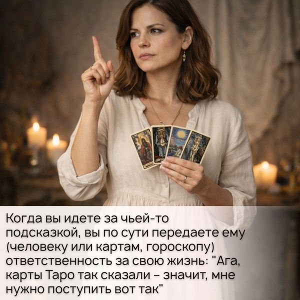 Ведь когда вы идете за чьей-то подсказкой, вы по сути передаете ему (человеку или картам, гороскопу и т.д.) ответственность за свою жизнь: "Ага, карты Таро так сказали – значит, мне нужно поступить вот так".