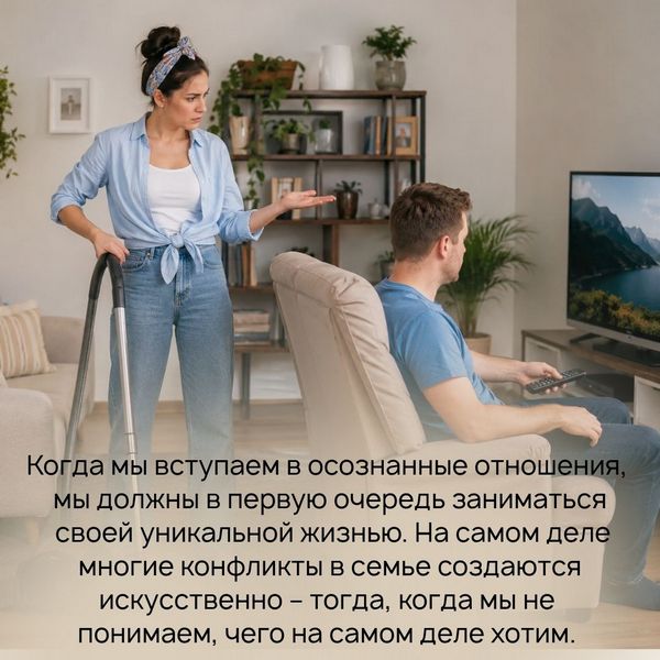 Когда мы вступаем в осознанные отношения, мы должны в первую очередь заниматься своей уникальной жизнью. На самом деле многие конфликты в семье создаются искусственно – тогда, когда мы не понимаем, чего на самом деле хотим