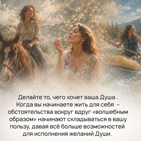 Делайте то, чего хочет Душа Когда вы начинаете жить для себя и чаще делать то, что вам нравится – обстоятельства вокруг вдруг «волшебным образом» начинают складываться в вашу пользу, давая всё больше возможностей для исполнения желаний Души.