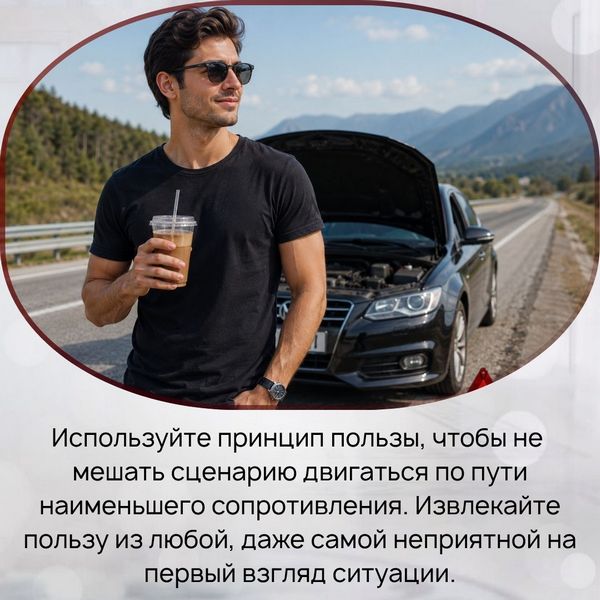 Используйте принцип пользы, чтобы не мешать сценарию двигаться по пути наименьшего сопротивления. Извлекайте пользу из любой, даже самой неприятной на первый взгляд ситуации.