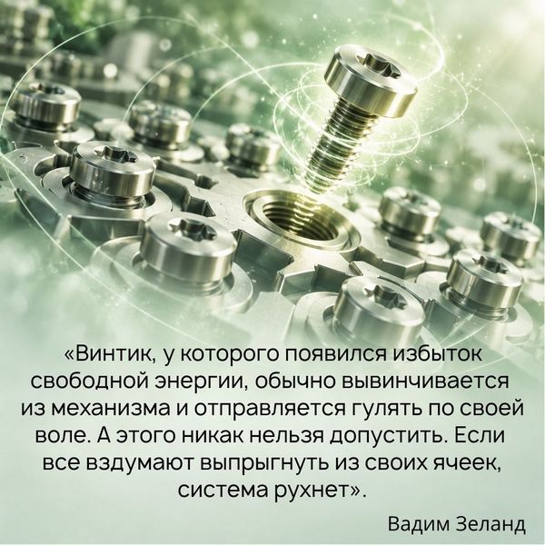 Винтик, у которого появился избыток свободной энергии, обычно вывинчивается из механизма и отправляется гулять по своей воле. А этого никак нельзя допустить. Если все вздумают выпрыгнуть из своих ячеек, система рухнет