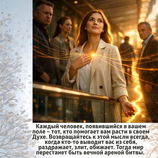 Каждый человек, появившийся в вашем поле – тот, кто помогает вам расти в своем Духе. Возвращайтесь к этой мысли всегда, когда кто-то выводит вас из себя, раздражает, злит, обижает. Тогда мир перестанет быть вечной ареной битвы.