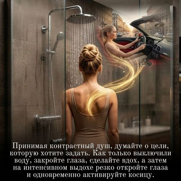 Принимая контрастный душ, думайте о цели, которую хотите задать. Как только выключили воду, закройте глаза, сделайте вдох, а затем на интенсивном выдохе резко откройте глаза и одновременно активируйте косицу.