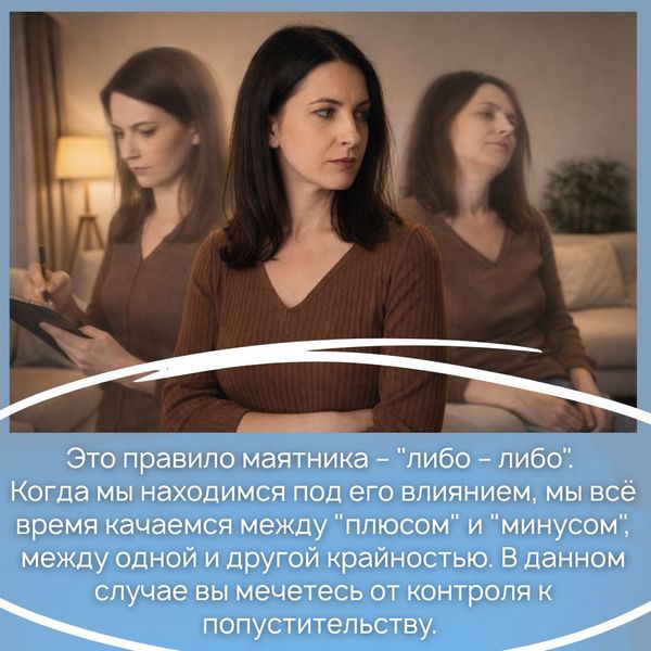 Это правило маятника – "либо – либо". Когда мы находимся под его влиянием, мы всё время качаемся между "плюсом" и "минусом", между одной и другой крайностью. В данном случае вы мечетесь от контроля к попустительству.