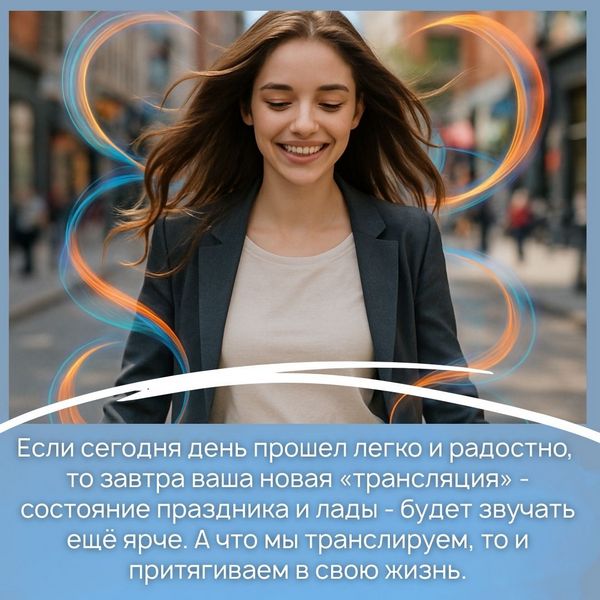 И если сегодня день прошел легко и радостно, то завтра ваша новая «трансляция» - состояние праздника и лады - будет звучать ещё ярче. А что мы транслируем, то и притягиваем в свою жизнь. 