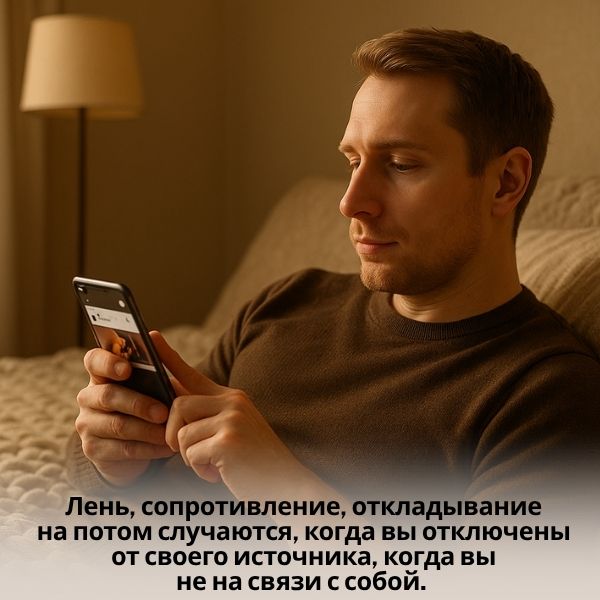 Лень, сопротивление, откладывание на потом случаются, когда вы отключены от своего источника, когда вы не на связи с собой. Значит, нет того, что вас зажигает. Найдите это.