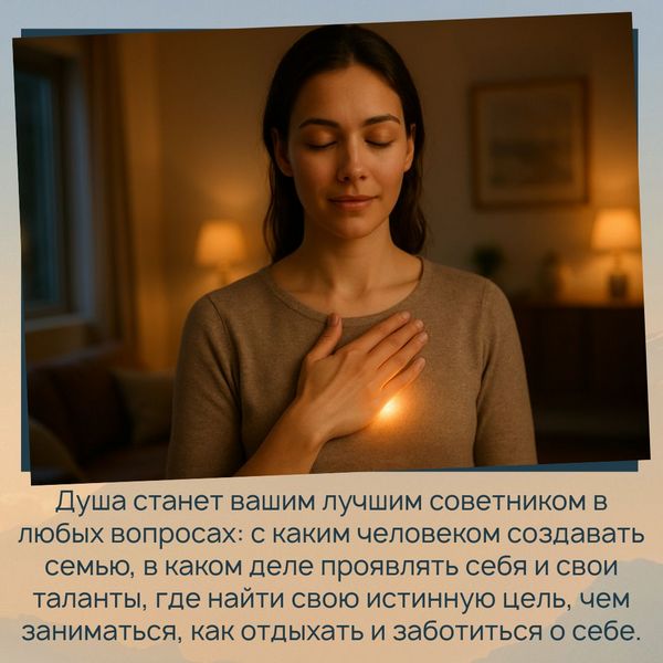 Душа станет вашим лучшим советником в любых вопросах: с каким человеком создавать семью, в каком деле проявлять себя и свои таланты, где найти свою истинную цель, чем заниматься, как отдыхать и заботиться о себе.