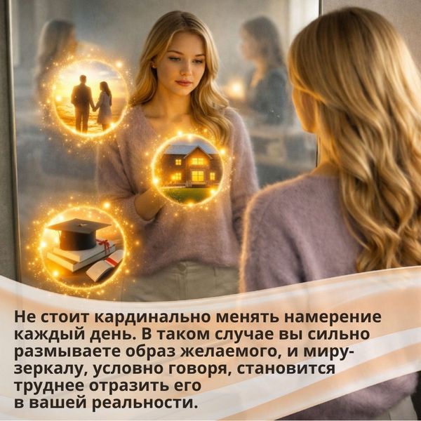 Не стоит кардинально менять намерение каждый день. В таком случае вы сильно размываете образ желаемого, и миру-зеркалу, условно говоря, становится труднее отразить его в вашей реальности. Это значит, что ваше намерение либо не реализуется, либо его реализация займет очень много времени. 