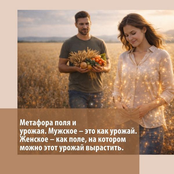 Метафора поля и урожая. Мужское – это как урожай. Женское – как поле, на котором можно этот урожай вырастить.