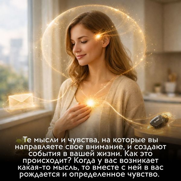 Те мысли и чувства, на которые вы направляете свое внимание, и создают события в вашей жизни. Как это происходит? Когда у вас возникает какая-то мысль, то вместе с ней в вас рождается и определенное чувство.