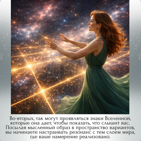Во-вторых, так могут проявляться знаки Вселенной, которые она дает, чтобы показать, что слышит вас. Посылая мысленный образ в пространство вариантов, вы начинаете настраивать резонанс с тем слоем мира, где ваше намерение реализовано. 