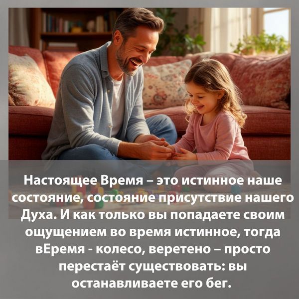 Настоящее Время – это истинное наше состояние, состояние присутствие нашего Духа. И как только вы попадаете своим ощущением во время истинное, тогда вЕремя - колесо, веретено – просто перестаёт существовать: вы останавливаете его бег.