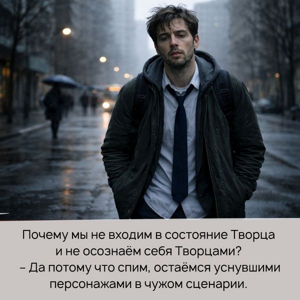 Почему мы не входим в состояние Творца и не осознаём себя Творцами? – Да потому что спим, остаёмся уснувшими персонажами в чужом сценарии.