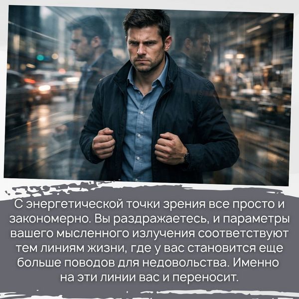 С энергетической точки зрения все просто и закономерно. Вы раздражаетесь, и параметры вашего мысленного излучения соответствуют тем линиям жизни, где у вас становится еще больше поводов для недовольства. Именно на эти линии вас и переносит. 