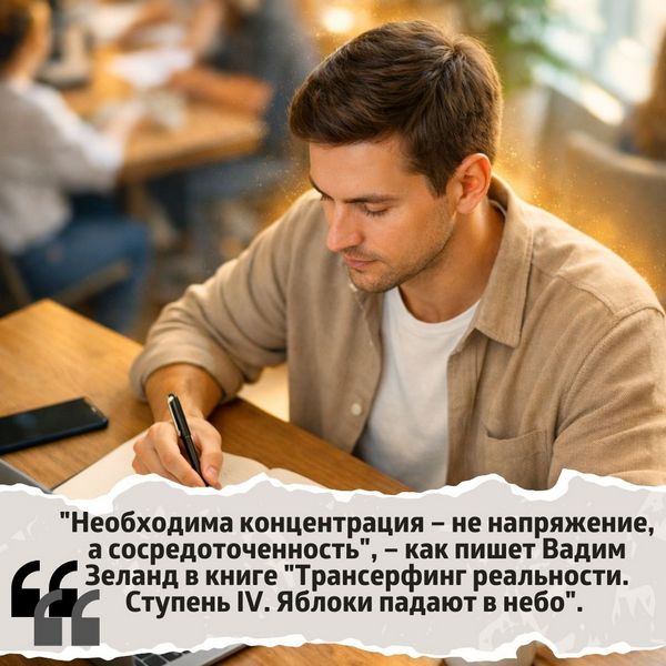 "Необходима концентрация – не напряжение, а сосредоточенность", – как пишет Вадим Зеланд в книге "Трансерфинг реальности. Ступень IV. Яблоки падают в небо". 