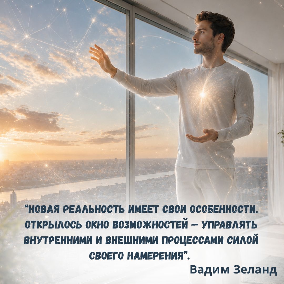  "Новая реальность имеет свои особенности. Открылось окно возможностей — управлять внутренними и внешними процессами силой своего намерения. Это значит, в Новой реальности мы способны управлять тем, что внутри и что снаружи — своим организмом и своей реальностью. Мы и раньше могли, но сейчас эта способность значительно выросла". Вадим Зеланд