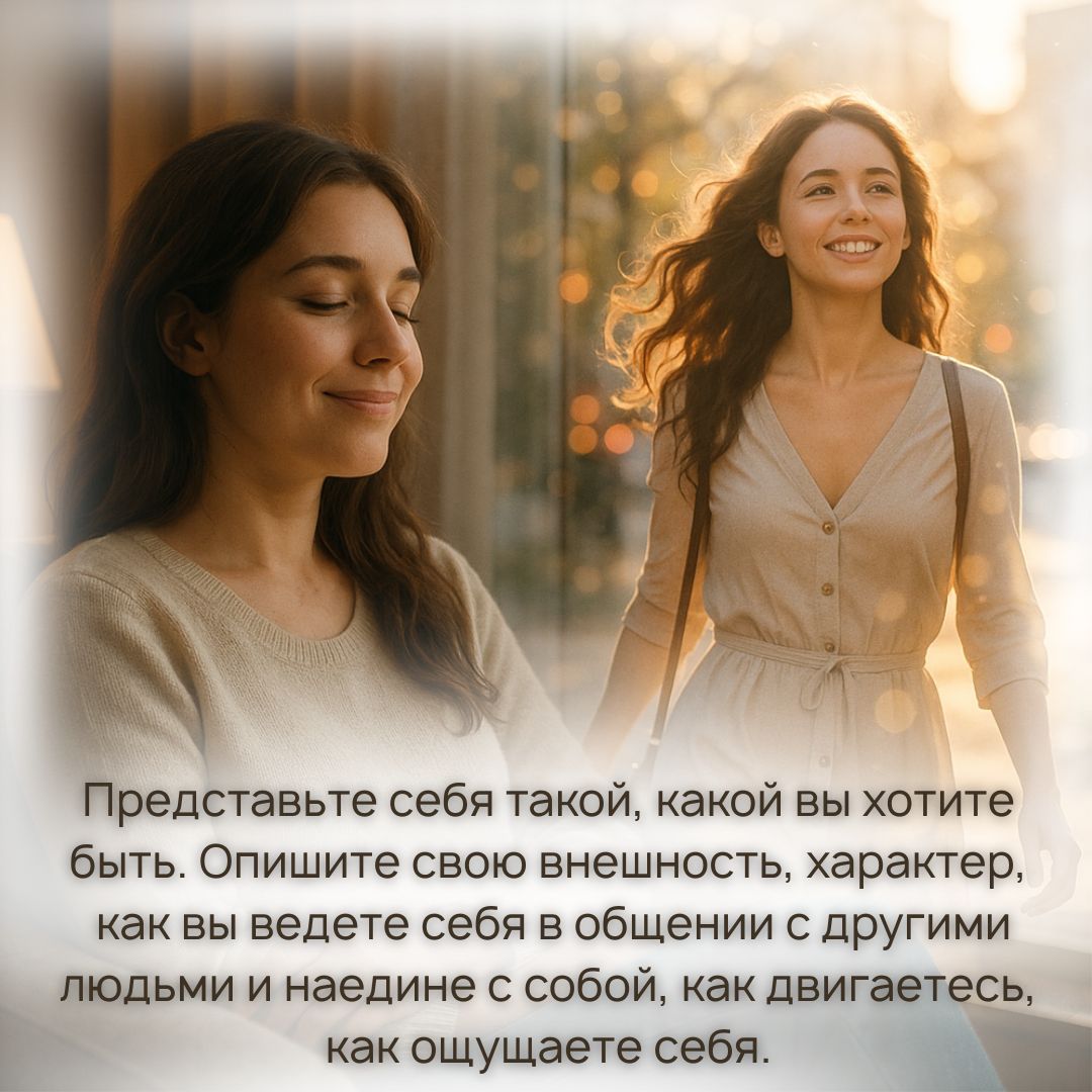 Не думайте - чувствуйте. А затем представьте себя такой, какой вы хотите быть. Опишите свою внешность, характер, как вы ведете себя в общении с другими людьми и наедине с собой, как двигаетесь, как ощущаете себя. 