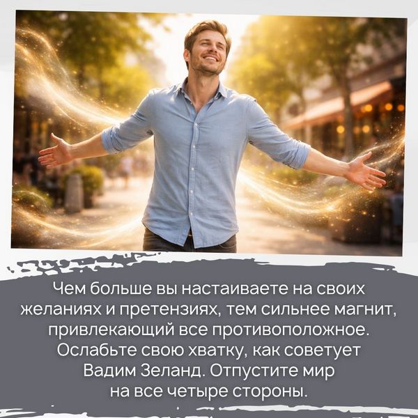 Чем больше вы настаиваете на своих желаниях и претензиях, тем сильнее магнит, привлекающий все противоположное. Ослабьте свою хватку, как советует Вадим Зеланд. Отпустите мир на все четыре стороны.