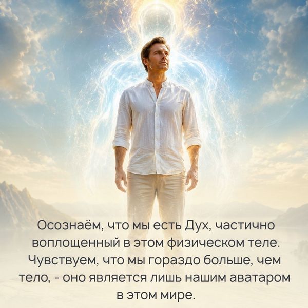 Осознаём, что мы есть Дух, частично воплощенный в этом физическом теле. Чувствуем, что мы гораздо больше, чем тело, - оно лишь наш аватаром в этом мире. 