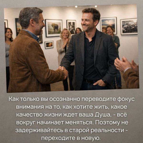 Как только вы осознанно переводите фокус внимания на то, как хотите жить, какое качество жизни ждет ваша Душа, - всё вокруг начинает меняться. Поэтому не задерживайтесь в старой реальности - переходите в новую. 