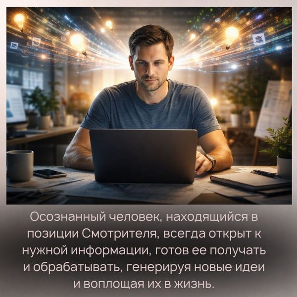 Осознанный человек, находящийся в позиции Смотрителя, всегда открыт к нужной информации, готов ее получать и обрабатывать, генерируя новые идеи и воплощая их в жизнь, находя новые возможности и открывая кратчайшие пути к успеху.